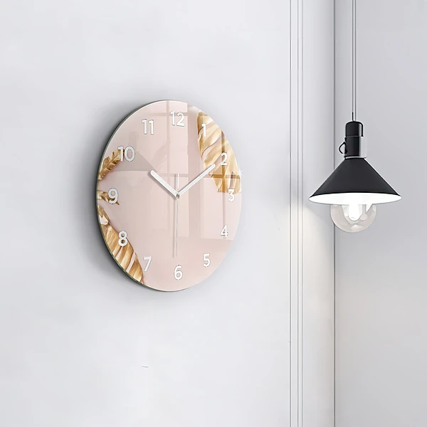 Wanduhr glas rund Goldene tropische Blätter
