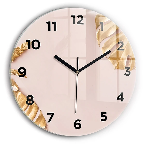 Wanduhr glas rund Goldene tropische Blätter