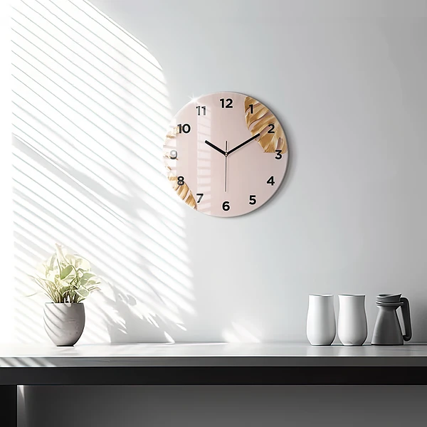 Wanduhr glas rund Goldene tropische Blätter
