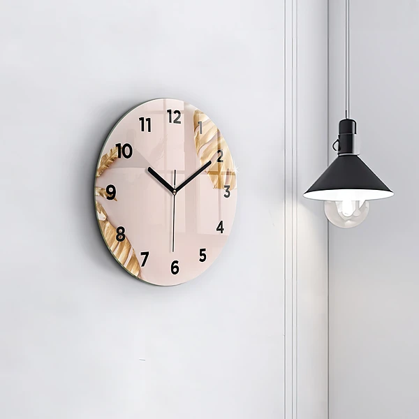 Wanduhr glas rund Goldene tropische Blätter