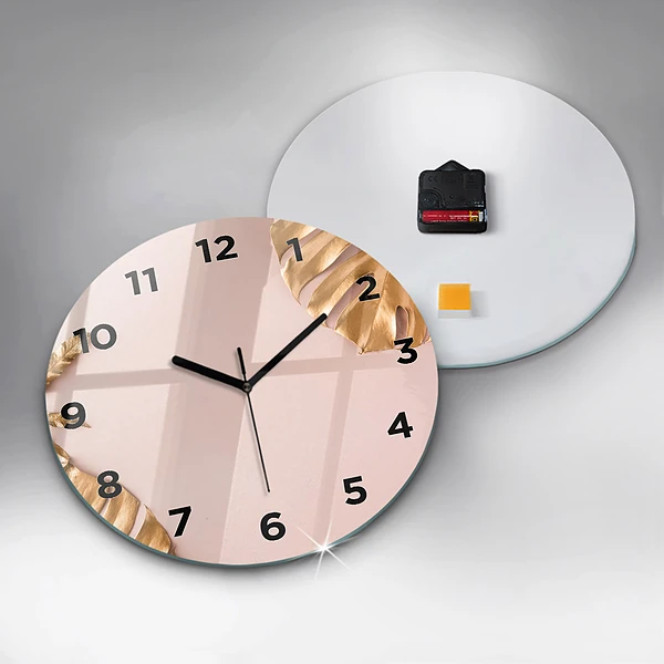 Wanduhr glas rund Goldene tropische Blätter