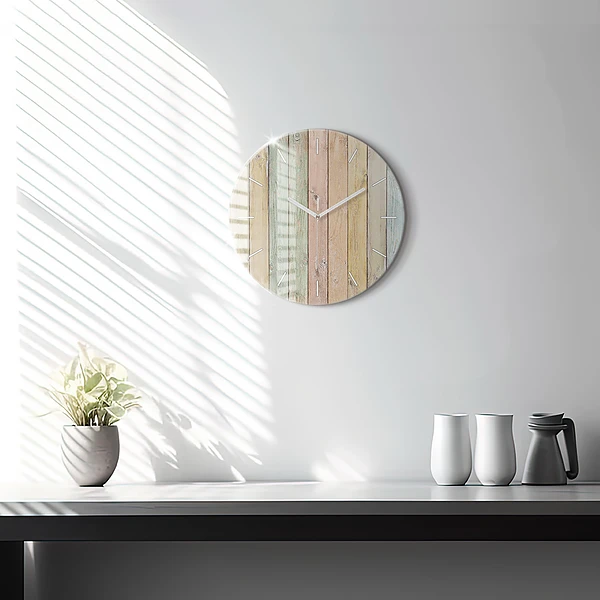 Wanduhr glas rund Farbige Bretter