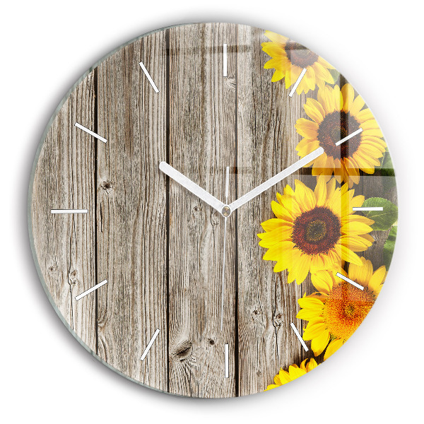 Wanduhr glas rund Sonnenblumen auf den Brettern