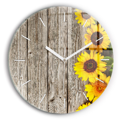 Wanduhr glas rund Sonnenblumen auf den Brettern