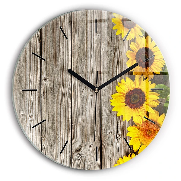 Wanduhr glas rund Sonnenblumen auf den Brettern