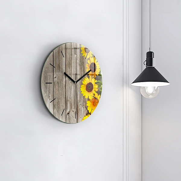 Wanduhr glas rund Sonnenblumen auf den Brettern