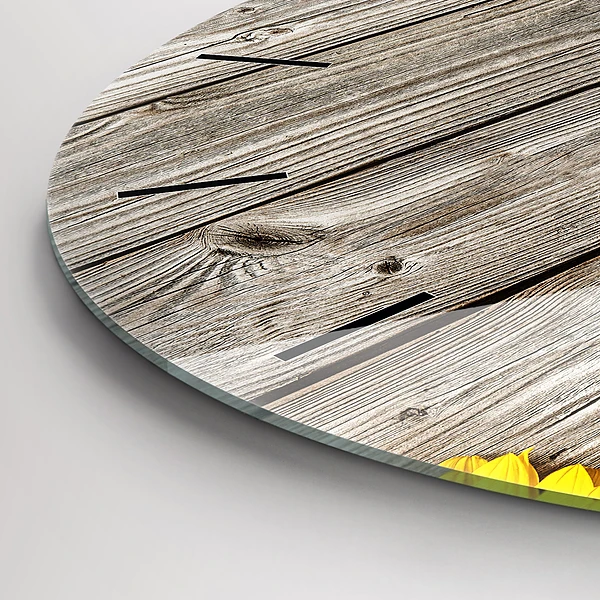 Wanduhr glas rund Sonnenblumen auf den Brettern