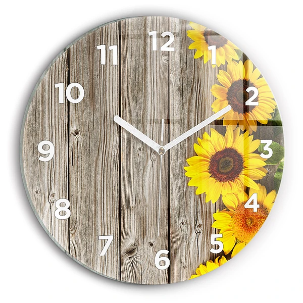 Wanduhr glas rund Sonnenblumen auf den Brettern