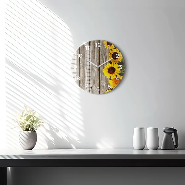 Wanduhr glas rund Sonnenblumen auf den Brettern