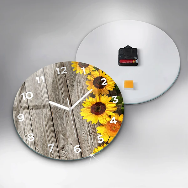 Wanduhr glas rund Sonnenblumen auf den Brettern