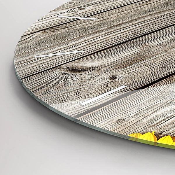 Wanduhr glas rund Sonnenblumen auf den Brettern