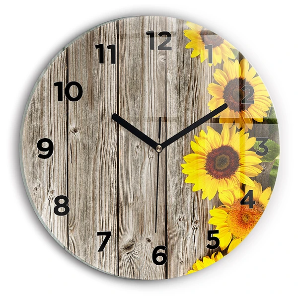 Wanduhr glas rund Sonnenblumen auf den Brettern