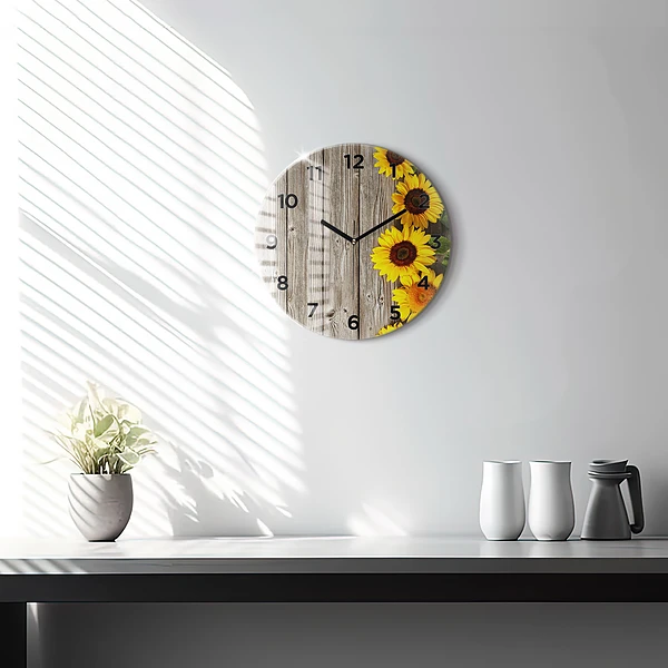 Wanduhr glas rund Sonnenblumen auf den Brettern