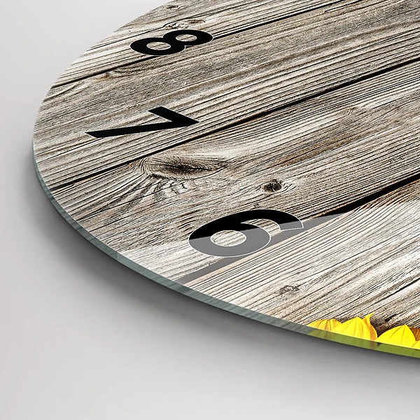 Wanduhr glas rund Sonnenblumen auf den Brettern