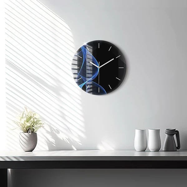 Wanduhr glas rund Blaue Linien