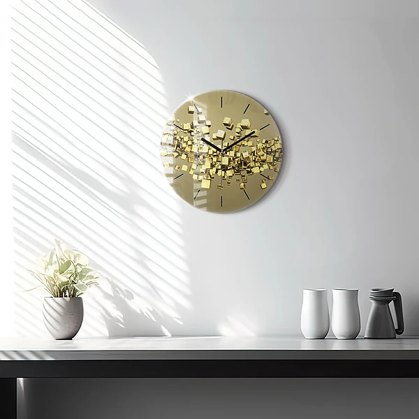 Wanduhr rund Goldene Quadrate