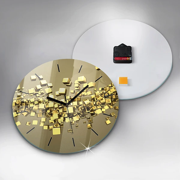 Wanduhr rund Goldene Quadrate