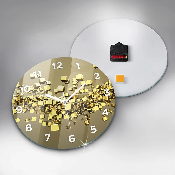 Wanduhr rund Goldene Quadrate