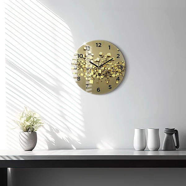 Wanduhr rund Goldene Quadrate