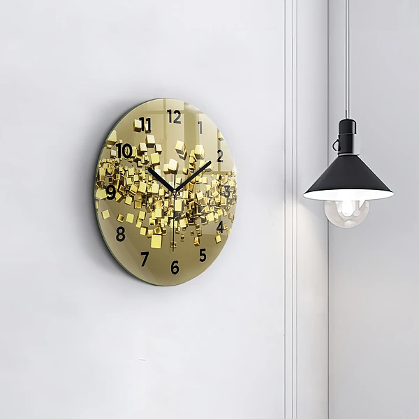 Wanduhr rund Goldene Quadrate