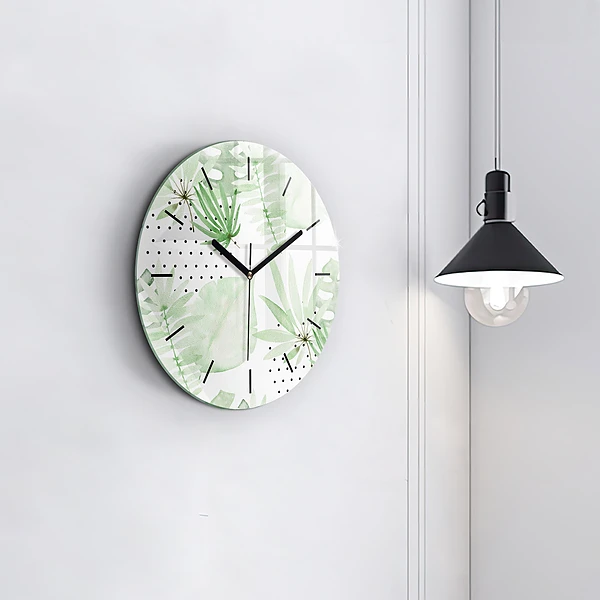 Wanduhr rund Grüne Blätter