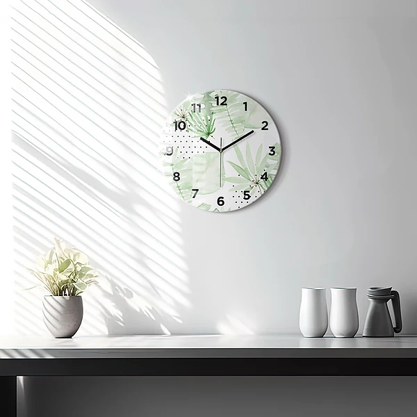Wanduhr rund Grüne Blätter