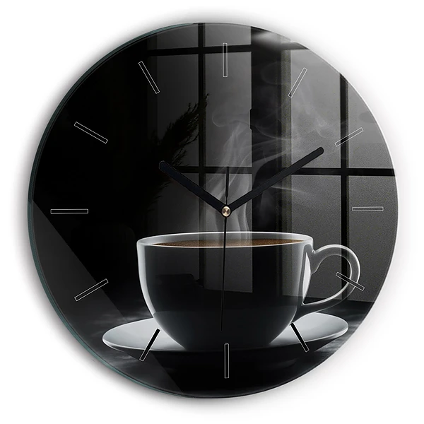 Wanduhr glas rund Tasse mit schwarzem Kaffee