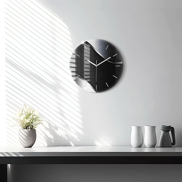 Wanduhr glas rund Schwarze und silberne Linien