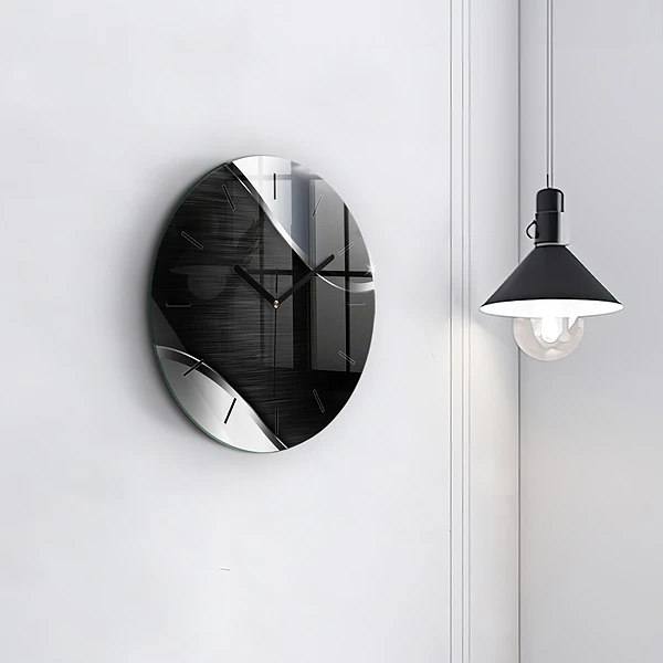 Wanduhr glas rund Schwarze und silberne Linien