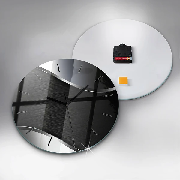 Wanduhr glas rund Schwarze und silberne Linien