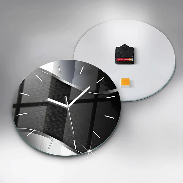 Wanduhr glas rund Schwarze und silberne Linien