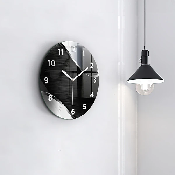 Wanduhr glas rund Schwarze und silberne Linien