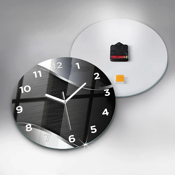 Wanduhr glas rund Schwarze und silberne Linien