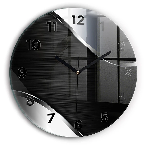 Wanduhr glas rund Schwarze und silberne Linien