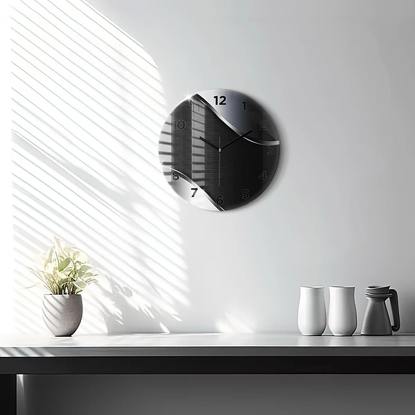 Wanduhr glas rund Schwarze und silberne Linien