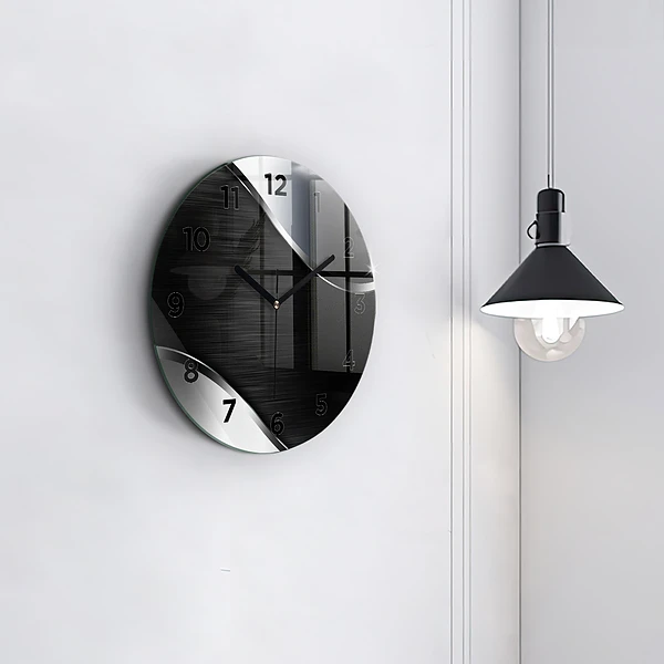 Wanduhr glas rund Schwarze und silberne Linien