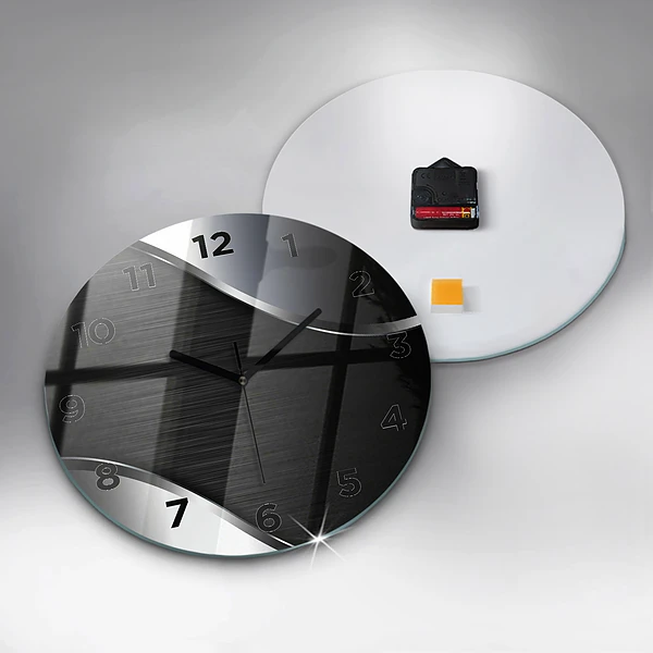 Wanduhr glas rund Schwarze und silberne Linien