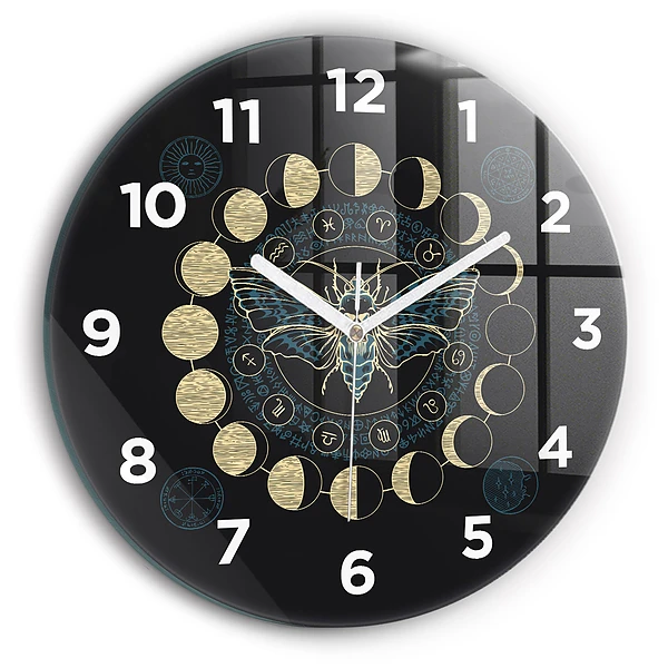 Wanduhr rund Mondphasen und Insekt