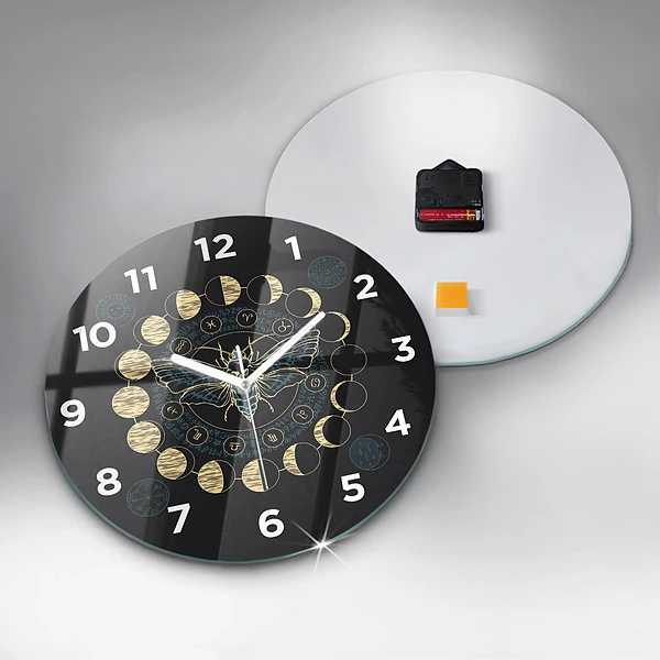 Wanduhr rund Mondphasen und Insekt