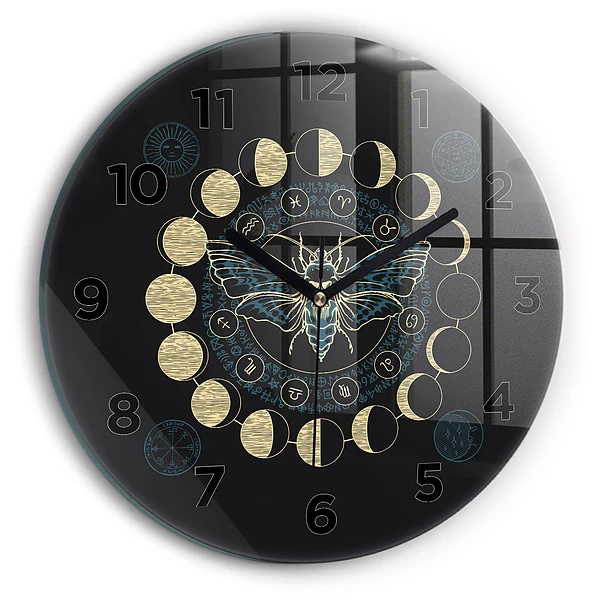 Wanduhr rund Mondphasen und Insekt