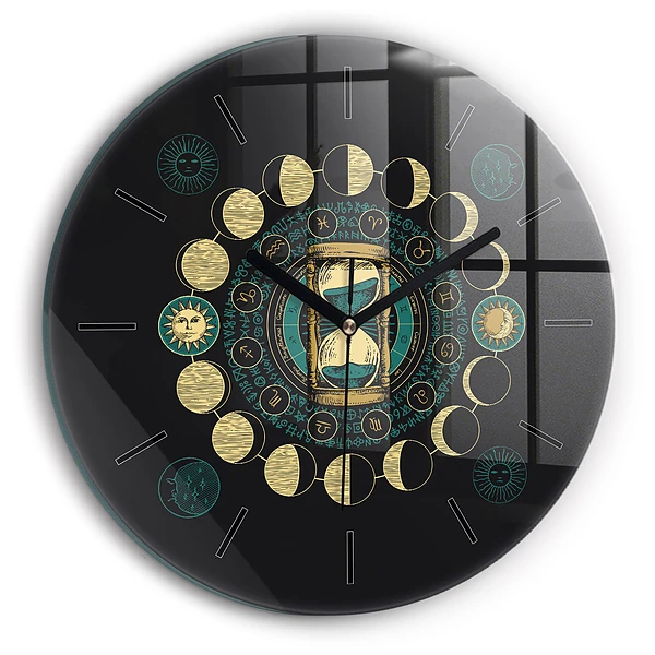 Wanduhr rund mit motiv Mondphasen und Sanduhr