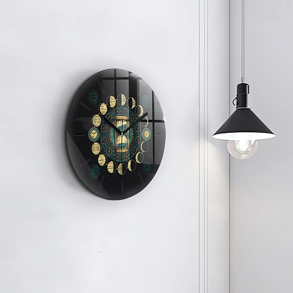 Wanduhr rund mit motiv Mondphasen und Sanduhr
