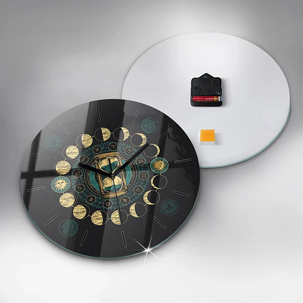 Wanduhr rund mit motiv Mondphasen und Sanduhr