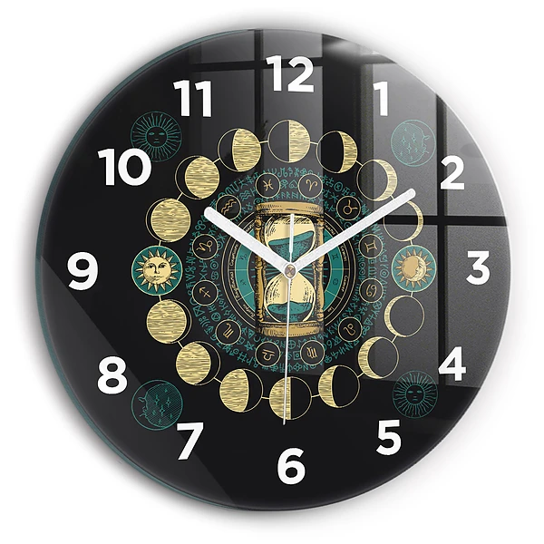 Wanduhr rund mit motiv Mondphasen und Sanduhr