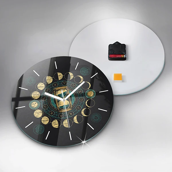 Wanduhr rund mit motiv Mondphasen und Sanduhr