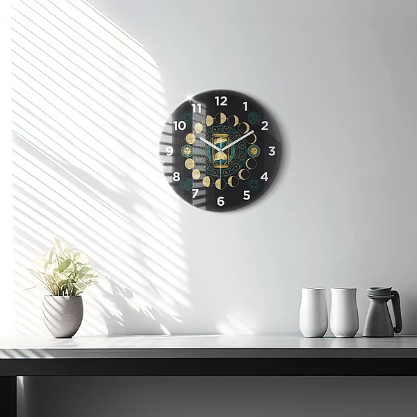 Wanduhr rund mit motiv Mondphasen und Sanduhr