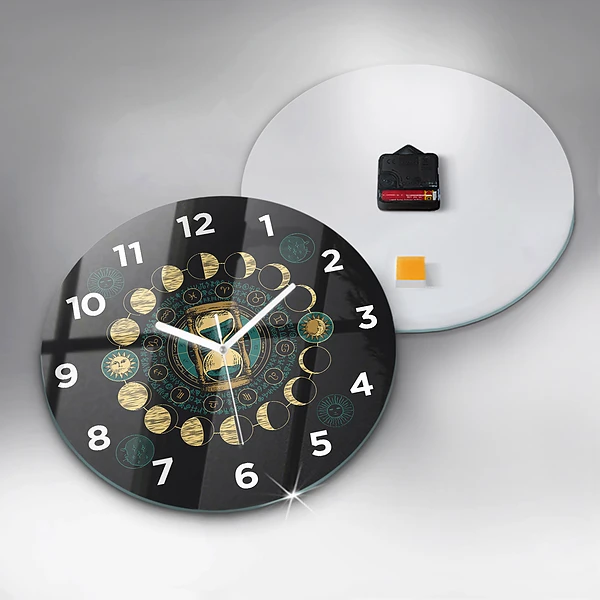 Wanduhr rund mit motiv Mondphasen und Sanduhr