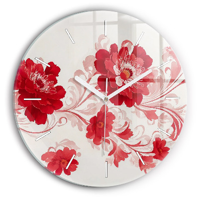 Wanduhr glas rund Rote Blumen