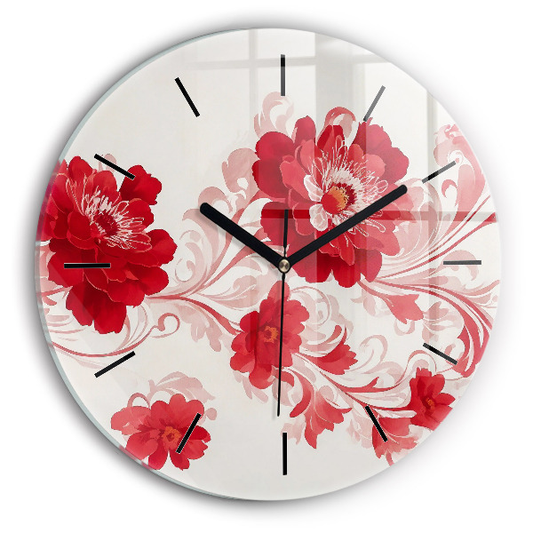 Wanduhr glas rund Rote Blumen