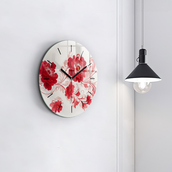 Wanduhr glas rund Rote Blumen